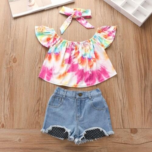 Summer Girls Clothing Fashion Toddler Kids Baby Girl One Shoulder Tops Shirt Shorts Jeans Headband 3Pcs Outfits Children Clothes