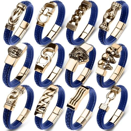 Wholesale Men 2020 New Blue Leather Bracelet Punk Charm Collocation Classic Gold Cuff Bracelets 14 styles Optional Jewelry Gifts