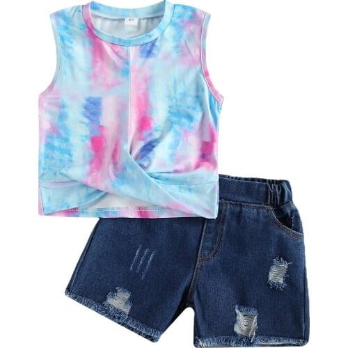 OPPERIAYA Little Baby Girls Vest Set Tie Dyed Print round Neck Sleeveless Tops and Denim Shorts 2-piece Summer lovely Suits