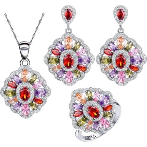 Silver 925 MultiColor Topaz Amethyst Sapphire Garnet Jewelry Set for Women Ring Necklace Pendant Wedding Jewelry