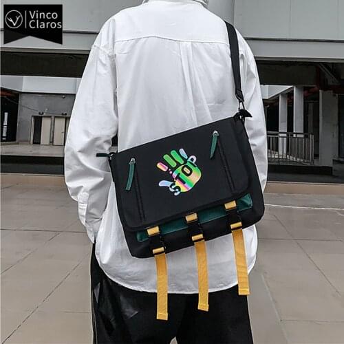 Hip Hop Youth Reflection Shoulder Bag Streetwear Crossbody Bags for Boys Cool Ribbons Mens Sling Message Bag Teenage Schoolbag