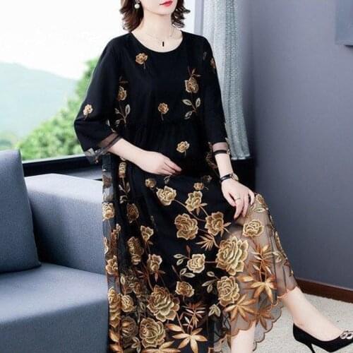 2020 Spring Fall Womens Embroidery Red Golden Flower Black Long Dress , Loose 4xl 5xl A Line Dresses for Woman Clothes