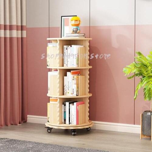 Solid Wood Rotating Bookshelf Student Floor Shelf Simple Modern Small Bookcase Childrens Picture Book Storage Rack Space-saving