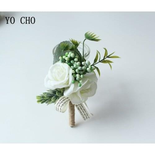 YO CHO Wedding Rose Boutonniere Brooch for Men Handmade Artificial Silk Corsages Bridesmaids Bracelet Prom Ceremony Flowers
