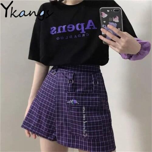 Harajuku Purple Plaid Women Skirts Punk Gothic High Waist Sexy A-Line Mini Skirt Female Streetwear Summer Fashion Blabk T-Shirt