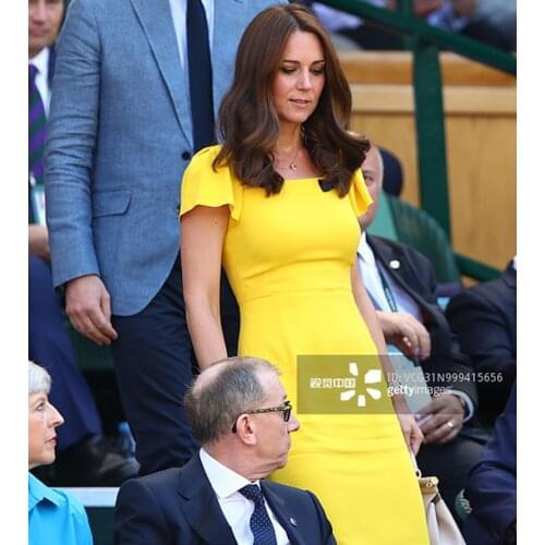 Kate Middleton Princess Yellow Solid Dress Elegant Women Butterfly Sleeve Dresses 4XL 780MP