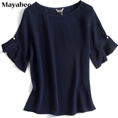 Heavy 30 Mummi Silk Lotus Leaf Sleeves Solid Color Round Neck Pearl Button Women Shirt Tops 2021 Spring Summer New