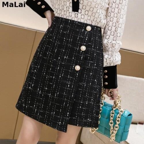 Autumn Pearls Buttons Plaid Tweed Skirts Women High Waist Pencil Black Wool Mini Skirt Winter Vintage Office One Piece X585