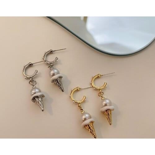 Minar Sweet 2 Styles Gold Silver Color Alloy Ice Cream Pendant Earrings for Women Girls Faux Pearl Earrings Cute Accessories
