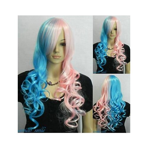 Shumn Fashion Pink + Aqua blue Mix Long Wavy Cosplay Wig + Hairnet #HX58 Ladies Heat Re sistant Synthetic hair Wigs