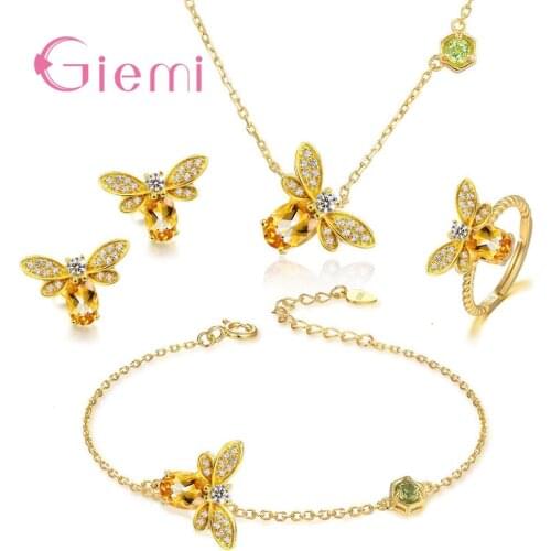 Women Animal Bee Cubic Zirconia 925 Sterling Silver Wedding Jewelry Sets Earrings Pendant Necklace Rings Earrings Bracelets