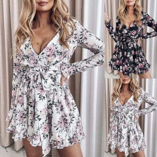 Women Dress Floral Print Ruffles Hem Autumn Long Sleeve V Neck Bohemian Dress Streetwear Boho Dress Summer Beach Dress 2021