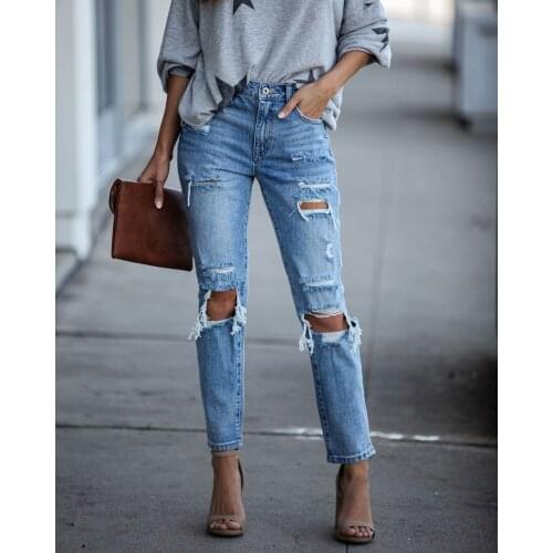 2021 Fashion Frayed Hole Straight Denim Trousers Womens Slim and Thin Washed Jeans