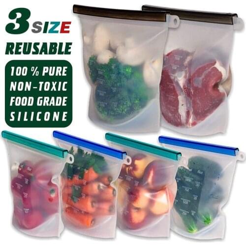 3 Size Reusable Silicone Food Storage Bags Airtight Seal Food Preservation Container Bag Fresh-keeping for Vegetable Fruit