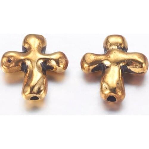 50pcs Tibetan Style Alloy Beads, Cross, Lead Free & Nickel Free & Cadmium Free, Antique Golden 14x12.5x4mm, Hole: 2mm F60