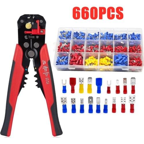 660Pcs Assorted Insulated Spade Crimp Terminals Fork Butt Electrical Wire Cold-Pressure Connectors Stripper Crimping Plier Set