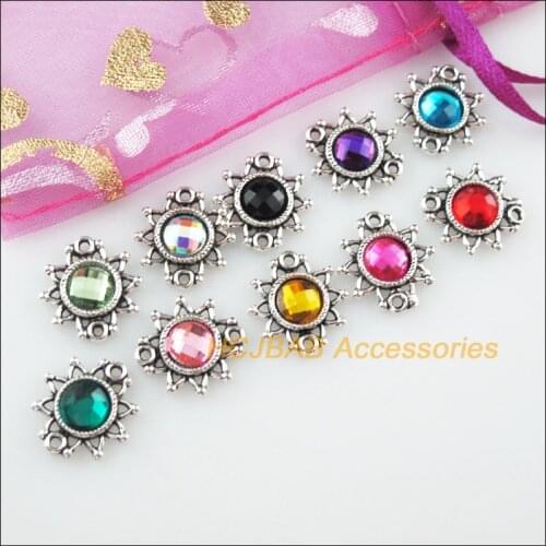 30 New Flower Acrylic Connectors Mixed Charms Tibetan Silver Color Pendant 14x15mm