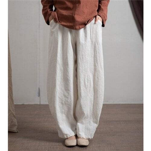 Women Loose Spring Autumn Solid Color Linen Pants Female Vintage Elastic Waist Pants Ladies 2019 Fall Flax Trousers