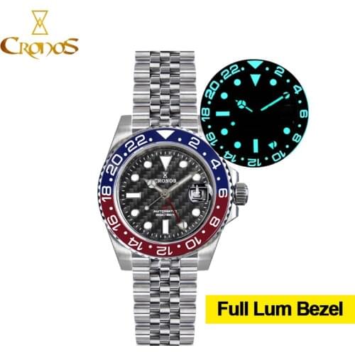 CRONOS GMT Automatic Diver Watch Bidirectional Bezel Sapphire Glass 20M Waterproof Jubilee Bracelet BGW-9 Super C3 Luminous Dial