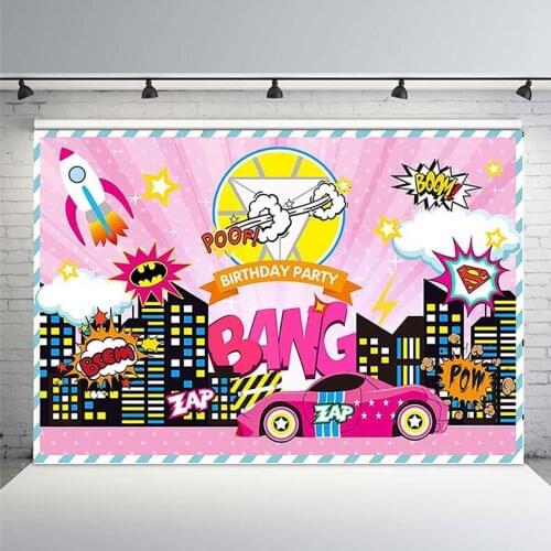 Photography Backdrop Boy Girl Super Heroes Birthday Banner City Boom Wallpaper Decoration Baby Kids Studio Background Posters
