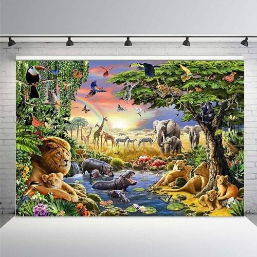 Safari Wild Animal Backdrop Landscape African Jungle Rainforest Background Lion Birthday Photography Photo Studio Props