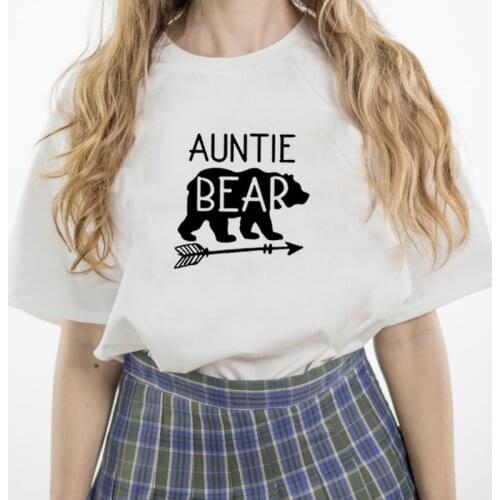 AUNTIE BEAR Printed Summer T Shirt Women O-neck Cotton Short Sleeve Funny Tshirt Women Top Loose Tee Shirt Femme Black White