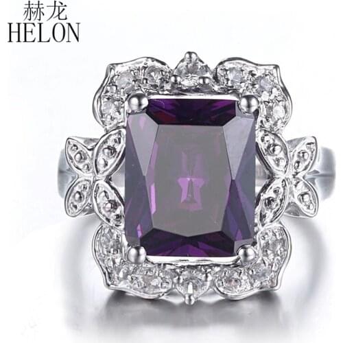 HELON Solid 14K White Gold Flawless 12X9mm Cushion 6.42ct Amethyst Pave White Sapphire Engagement Wedding Jewelry Luxury Ring