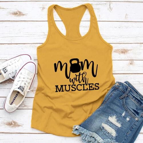 Mom with Muscles 100%Cotton Fitness Tank Tops Funny Saying Workout Tank Top For Women Running Vest Exercise Top Mom Life Vest