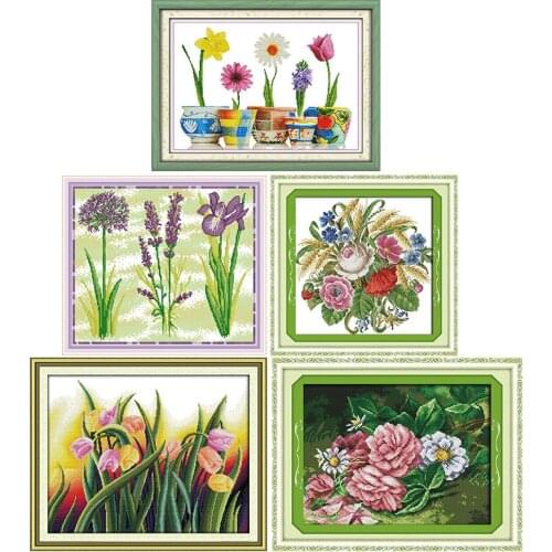 Beautiful Flowers Cross Stitch Kits 11CT14CT Printed Pattern Handmade Craft DMC Counted Sewing Needlework Chinese Embroidery Set