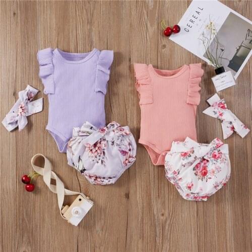 0-18M Newborn Baby Girls Clothes Summer 2021 Outfits Ribbed Knitted Ruffles Sleeveless Bodysuits Tops+Floral PP Shorts Sunsuits