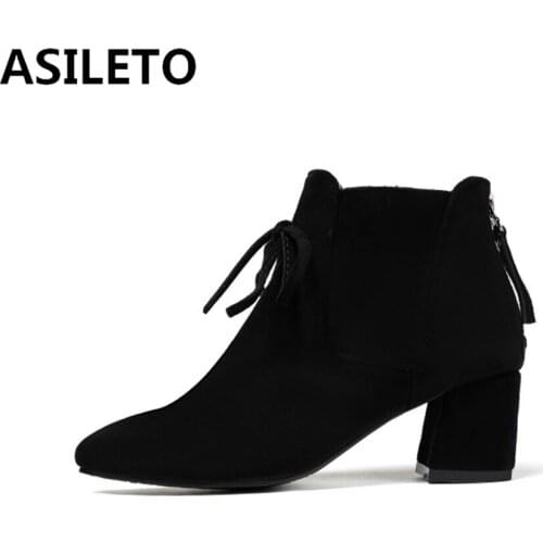 ASILETO Autumn Winter Women Ankle boots Round toe Square heel Nubuck Butterfly-knot Big size 34-45 Apricot Brown Date S1939