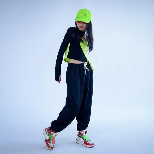 Girls Ballroom Hip Hop Dancing Clothes For Kids Long Sleeved Loose Pants Hiphop Outfits Jazz Street Dance Rave Clothes DQS6956