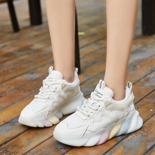 Dad shoes women new thick-soled rainbow bottom sports shoes mesh surface suction membrane soft sole casual lace-up lady shoes