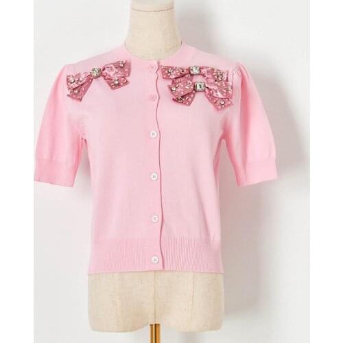 Cropped Cardigan Women Diamonds Bows Appliques Knitted Pink Top 2021 Summer Short Sleeve Thin Short Shirts Fluorescent Knitwear