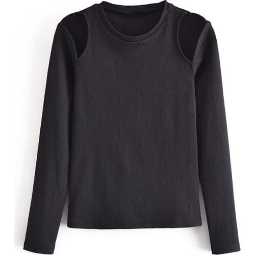 Spring Autumn Womens Fashion Sexy Shoulder Hollow Slim Long Sleeve T-Shirt Top