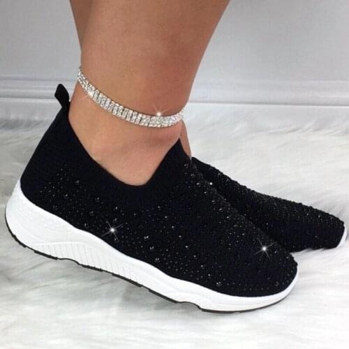 2021 New Knit Mesh Crystal Sneakers Women Comfortable Breathable Flat Shoes Fashion Slip on Plus Size Casual Shoes Female