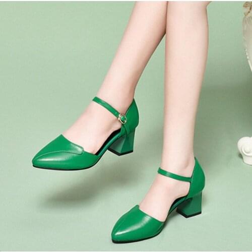 Women Cute Sweet Beige Pu Leather Buckle Strap Square Heel Pumps Lady Casual Green Office High Heel Shoes Sapato Feminino G5983b
