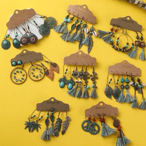 Vintage Long Green Tassel Fringe Hanging Earrings for Women Girls Jewelry Ethnic Big Round Circle Leaf Flowers Wooden Earrings