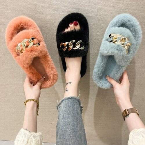 Women 2021 Winter Fur Slippers Fashion Upper Solid Color Faux Fur Short Plush Warm Indoor Flat Slippers Home Cotton Shoes