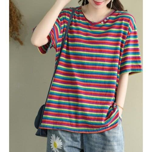 Pure Cotton Short-sleeved Womens Top 2021 Summer New Stitching T-shirt Womens Loose Plus Size Half-sleeved Outer Wear Tshirts