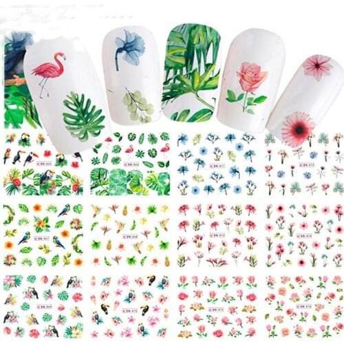 1 Sheet 12 Designs Nail Water Transfer Decals DIY Tattoo Slider Flamingo Rose Daisy Flower Pattern Nail Art Wraps Set BN865-876