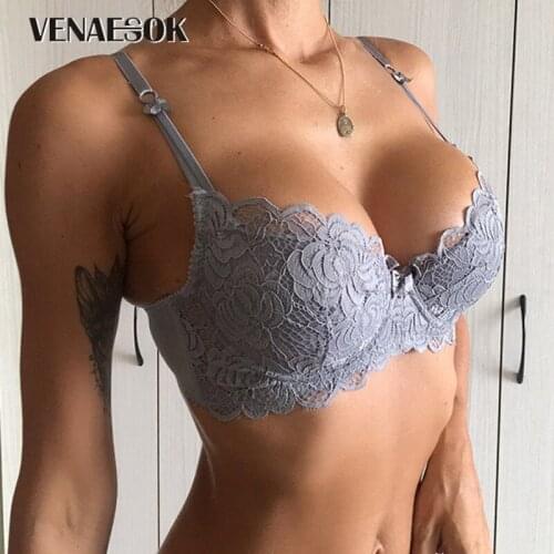 2020 Fashion Gray Sexy Bra Women Underwear Thin Cotton Comfortable Brassiere Deep V Gather Bra Embroidery Lace Lingerie White