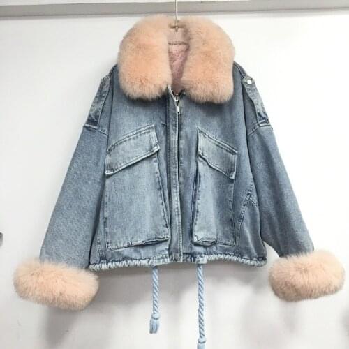 2020 winter women thick warm faux rabbit fur lining real fox fur turn down collar denim jackets BF loose plus size parkas A255