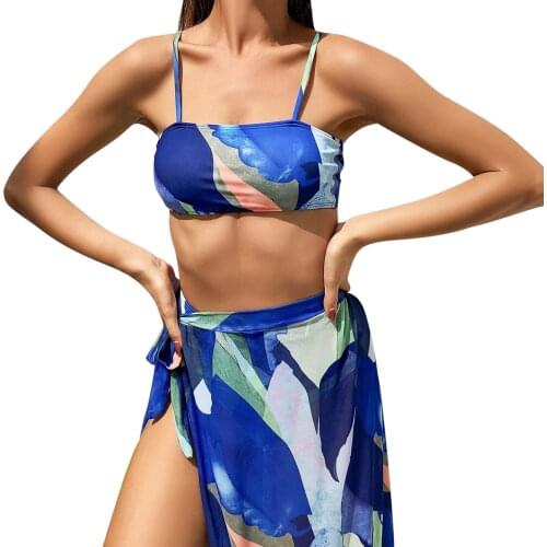3 Piece Swimsuit Sexy Patterns Summer Beach Bikini Set Women Summer Fashion Mesh Split Swimsuit Bikini Swimsuit Skirt Swimwear