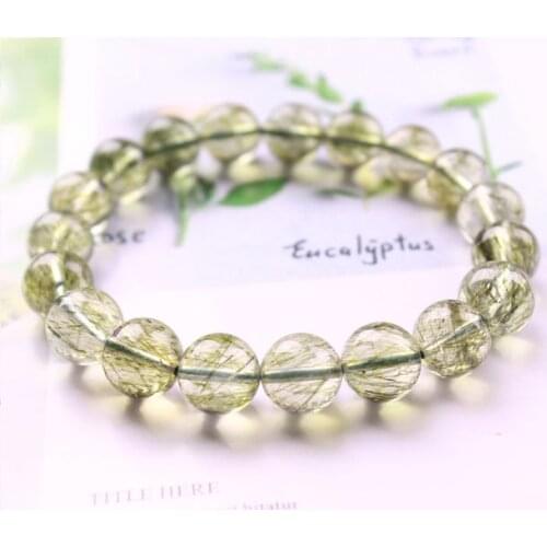 Genuine Natural Green Tourmilated Rutilated Quartz Clear Round Beads Bracelet For Women Men 7mm 8mm 9mm 10mm 11mm 12mm AAAAA