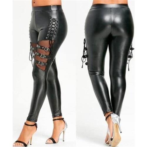 Sexy Bandage Faux Leather Pencil Pants Low Waist Slim Fit Tight Punk Adjustable Hip Sexy Pants Punk Plus Size Long Trousers F3