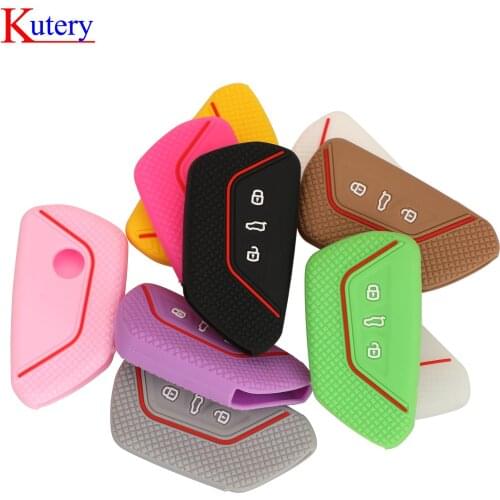 Kutery For Volkswagen Golf 8 Mk8 2020 Skoda Silicone Rubber Key Case Remote Protector Cover Skin 3BTN Smart Keychian Holder