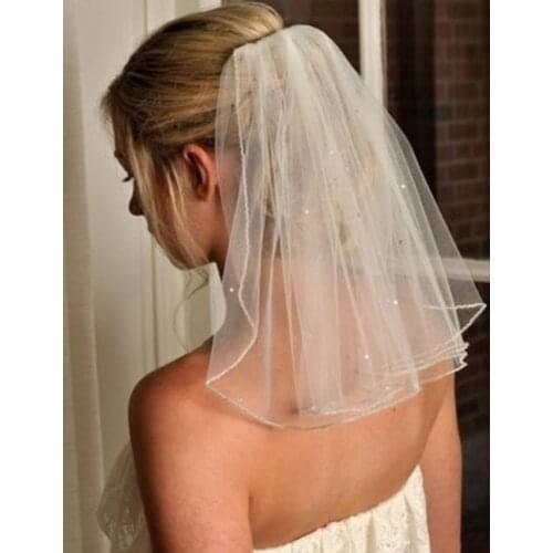 Elegant Beaded Ivory White Wedding Veil Short Ivory Bridal Veils 1T 45cm With Comb