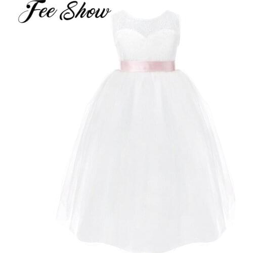FEESHOW Flower Girl Lace Dresses Kids Sleeveless Heart Back First Communion Dresses Baptism Wedding Bridesmaid Party Dress