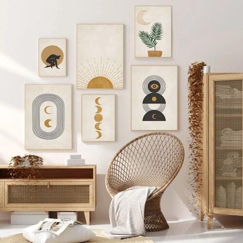 Geometry Moon Poster Mid Century Modern Sun Wall Art Painting Boho Canvas Print Abstract Woman Wall Pictures Living Room Decor